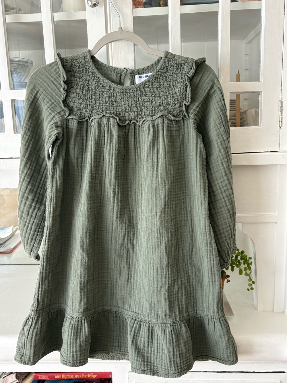 Old Navy Girls Olive Green Ruffle Yoke Dress